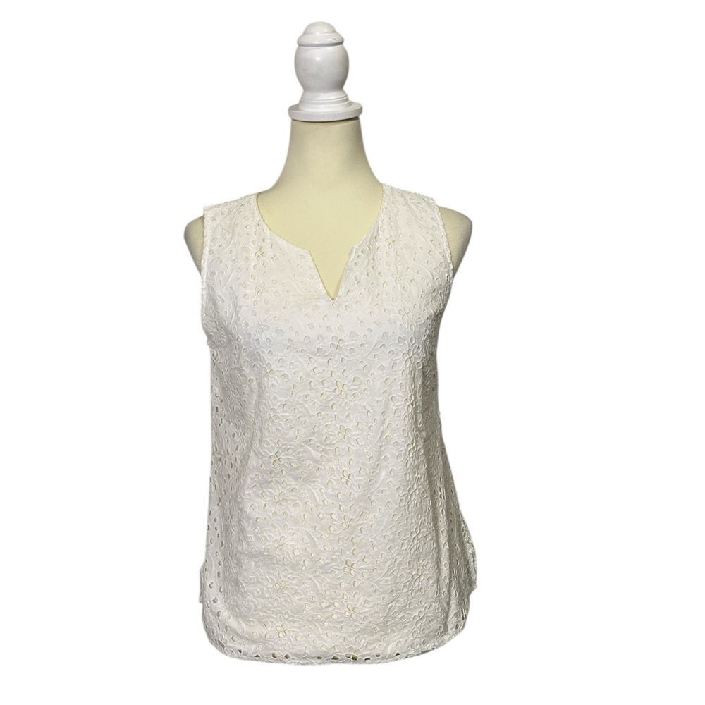 Talbots Petites 100% Cotton Eyelet Sleeveless White Top Women's Size 10P